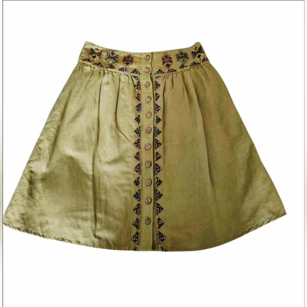 Maeve Anthropologie A-Line‎ Cotton Linen Embroidered Boho Skirt, Green, Size 6
